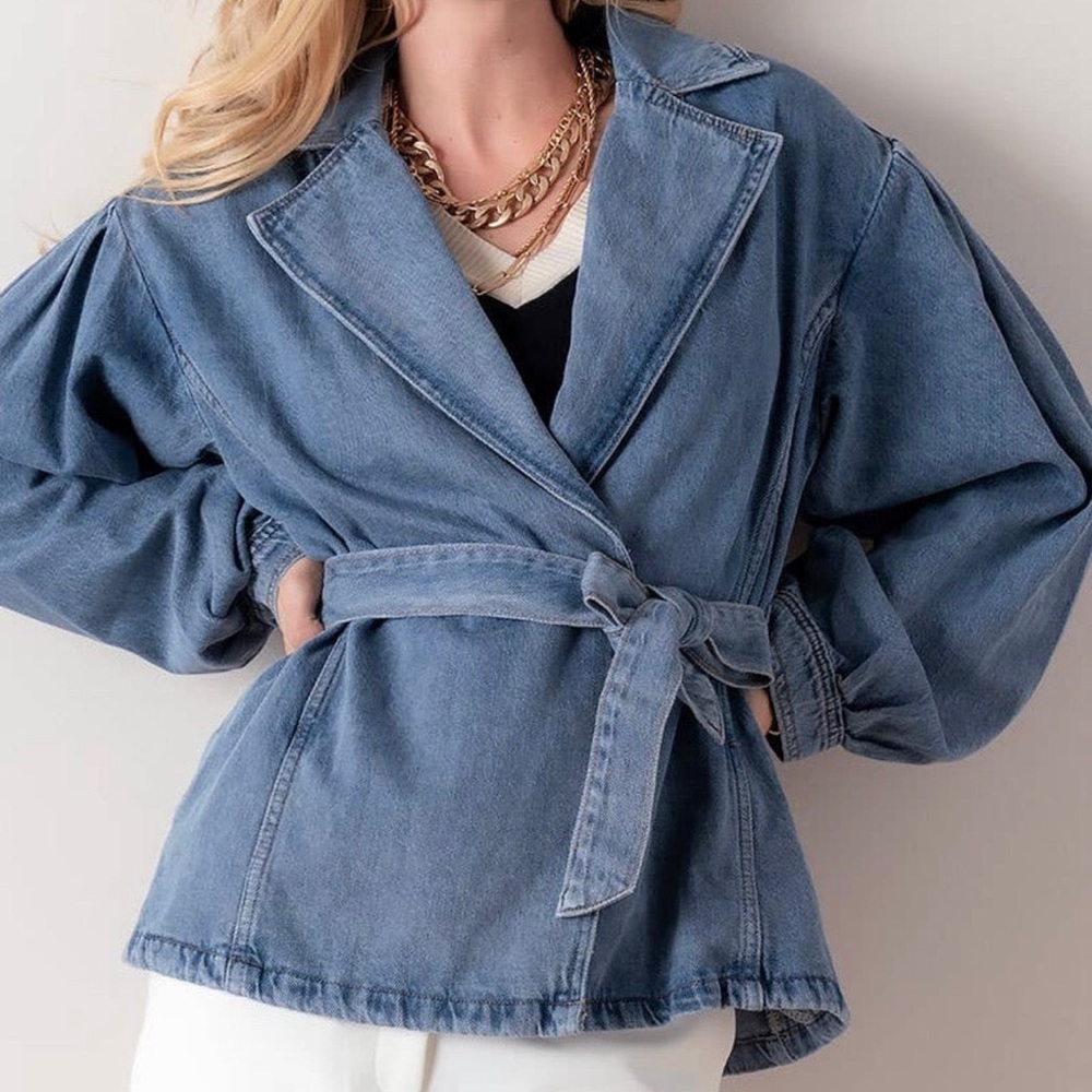 Denim Belt Tie Puff Sleeve Jacket